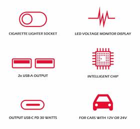 Adaptér do auta Swissten 1x CL, 1x UCB-C PD a 2x USB-A, 108 W - 216 W černá barva
