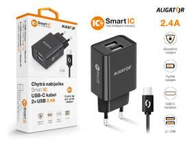 Nabíječka do sítě Aligator 2,4A, 2xUSB, smart IC, USB-C kabel černá barva
