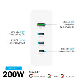 Nabíječka do sítě FIXED Charging Station 3xUSB-C/ 1xUSB-A, GaN, PD 3.0, 200 W bílá barva
