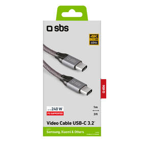 Kabel SBS USB-C/USB-C, PD, 240 W, 1 m šedá barva
