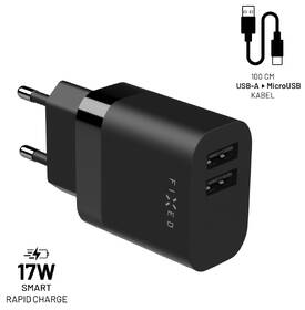 Nabíječka do sítě FIXED 17W Smart Rapid Charge, 2x USB + micro USB kabel 1m černá barva
