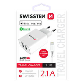 Nabíječka do sítě Swissten 2x USB 2,1 A + Lightning kabel 1,2 m, MFi bílá barva
