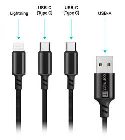 Kabel Connect IT Wirez 3in1, USB-A/2x USB-C,1x Lightning, 12 W, 1,2 m černá barva
