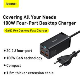 Nabíječka do sítě Baseus GaN3, 2x USB-A, 2x USB-C 100W černá barva
