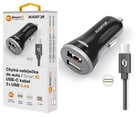 Adaptér do auta Aligator 2xUSB, smart IC, 3,4A + USB-C kabel černá barva
