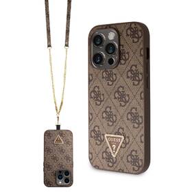 Kryt na mobil Guess 4G Strass Triangle Metal Logo + Crossbody Popruh na Apple iPhone 15 Pro Max hnědá barva
