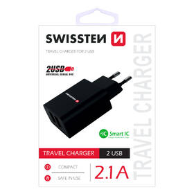 Nabíječka do sítě Swissten 2x USB 2,1 A černá barva
