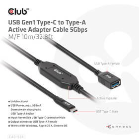 Kabel Club3D USB-C/USB-A, 10m černá barva
