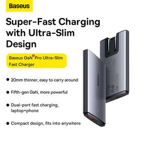 Nabíječka do sítě Baseus GaN5 Pro 65 W USB-C/USB-A šedá barva
