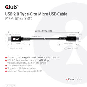 Kabel Club3D USB-C 3.2/Micro USB, 1m černá barva
