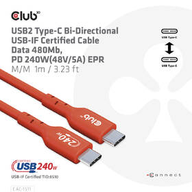 Kabel Club3D USB-C 240W, 1m červená barva
