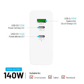 Nabíječka do sítě FIXED Charging Station, 2xUSB-C 1xUSB-A, GaN, PD 3.1, 140W bílá barva
