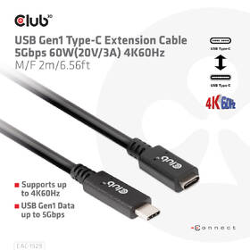 Kabel Club3D USB-C 60W, prodlužovací, 2m černá barva
