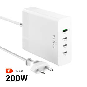 Nabíječka do sítě FIXED Charging Station 3xUSB-C/ 1xUSB-A, GaN, PD 3.0, 200 W bílá barva
