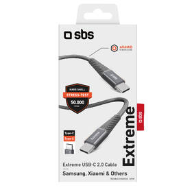 Kabel SBS Aramid Fibre USB-C/USB-C, 60 W, 1,5 m šedá barva
