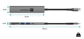 USB Hub Connect IT CompactPRO USB-C + čtečka karet, (2xUSB-A 3.0, 1xUSB-C) antracitová barva
