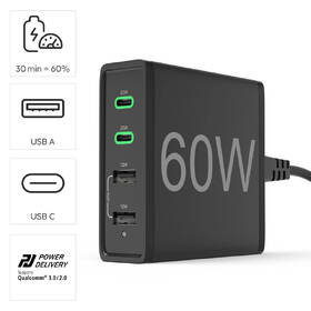 Nabíječka do sítě Hama 2x USB-C PD/QC, 2x USB-A, 60 W černá barva
