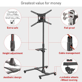 Stojan pro TV Barkan SW411H, pojízdný, polohovatelný, pro úhlopříčku 13" až 83", nosnost 50 kg černá barva
