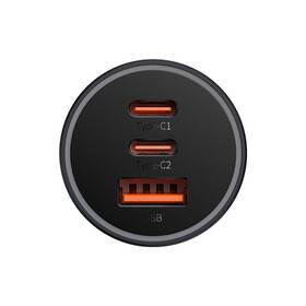 Adaptér do auta Baseus 2x USB-C + USB-A 65W šedá barva
