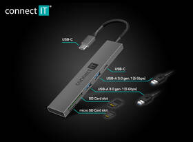 USB Hub Connect IT CompactPRO USB-C + čtečka karet, (2xUSB-A 3.0, 1xUSB-C) antracitová barva
