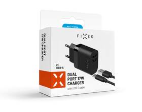 Nabíječka do sítě FIXED 17W Smart Rapid Charge, 2x USB + USB-C kabel 1m černá barva
