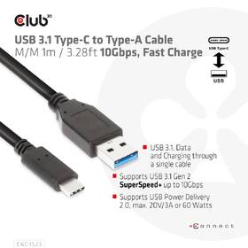 Kabel Club3D USB-C/USB-A 60W, 1m černá barva
