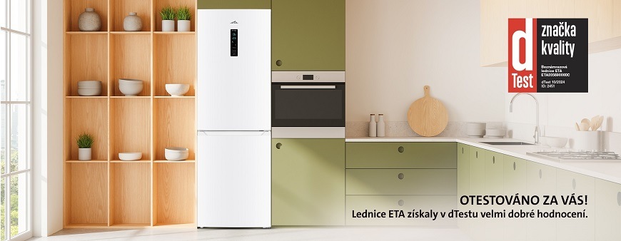 Velké spotřebiče značky ETA Bílá lednice ETA 335690000C v moderní olivově zelené kuchyni s logem dTest značka kvality a textem „Otestováno za vás“