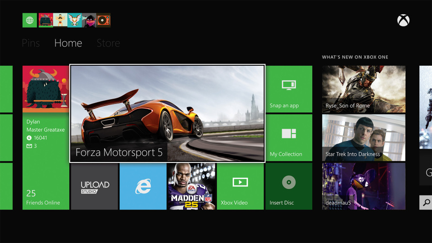 Xbox One hlavní obrazovka 
