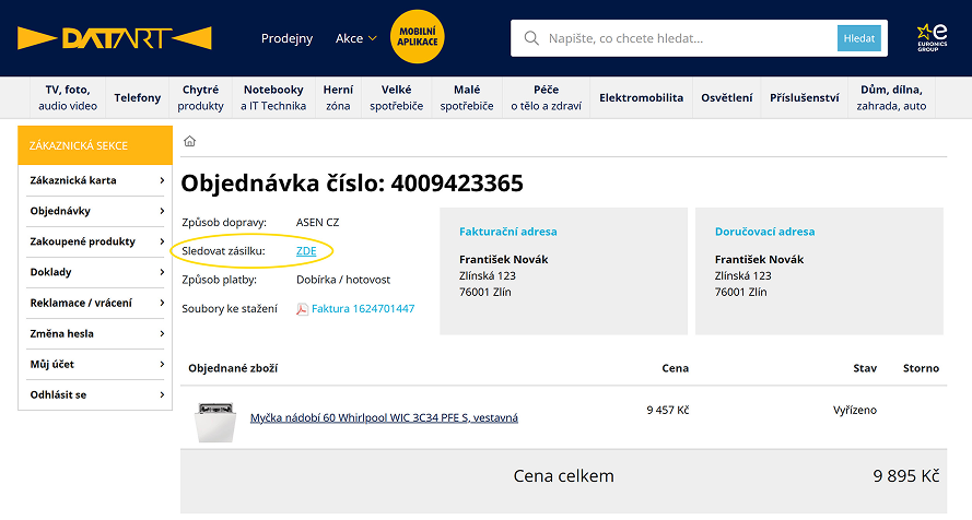 náhled zákaznické sekce